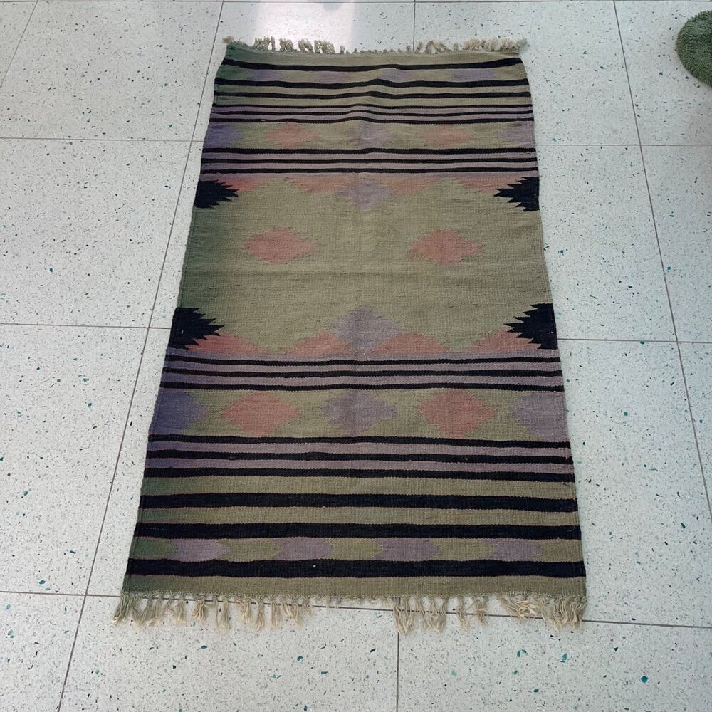 Kilim Floor Rug Tapestry 62 x 34 Multicolor Vegetable Dye Bohemian Geometric